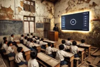Berikut ilustrasi ruang kelas dengan fasilitas dasar yang minim, kontras dengan Smart Board modern di latar belakang.(photo ilustrasi)