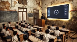 Berikut ilustrasi ruang kelas dengan fasilitas dasar yang minim, kontras dengan Smart Board modern di latar belakang.(photo ilustrasi)