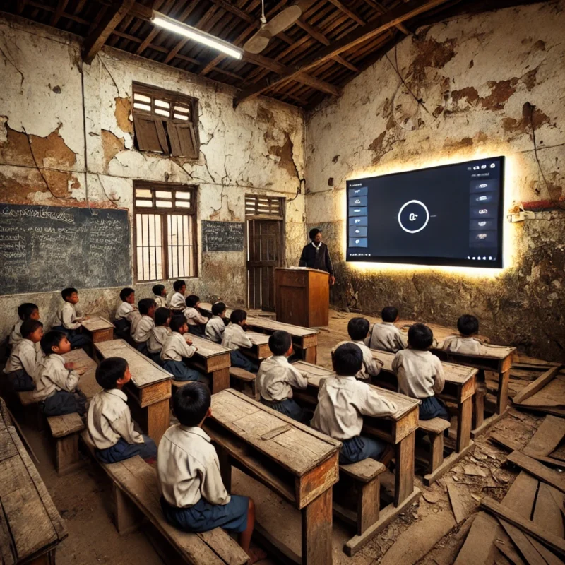 Berikut ilustrasi ruang kelas dengan fasilitas dasar yang minim, kontras dengan Smart Board modern di latar belakang.(photo ilustrasi)