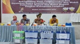 KPU Langkat saat melakukan rekapitulasi hasil penghitungan perolehan suara pada pemilihan Gubernur dan Wakil Gubernur Sumatera Utara, serta Bupati dan Wakil Bupati Langkat periode 2024-2029