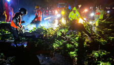 Foto : Terlihat petugas berjibaku membersihkan pohon yang tumbang menutupi jalan.(ist)