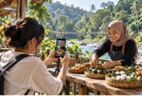 Ilustrasi: Kreator konten merekam kuliner lokal di kawasan wisata alam. (Gambar ilustrasi original)