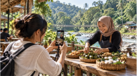 Ilustrasi: Kreator konten merekam kuliner lokal di kawasan wisata alam. (Gambar ilustrasi original)